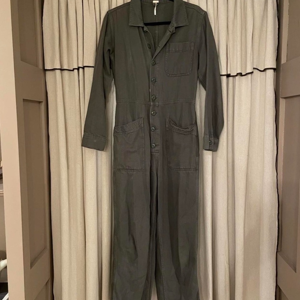Free People Military Olive Button-Up Utility Jumpsuit - Picture 4 of 7
